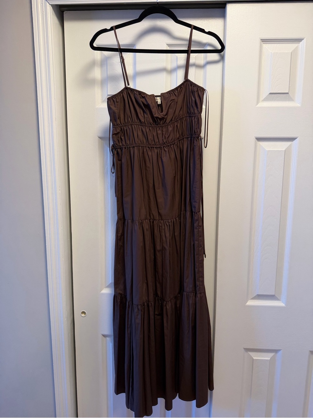 Moon River Chocolate Brown Tiered Midi Dress with Spaghetti Straps